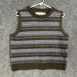 ELEPH Sweater Vest‎ Womens XS Brown Pink Stripe Wool Blend Fuzzy Crew Neck